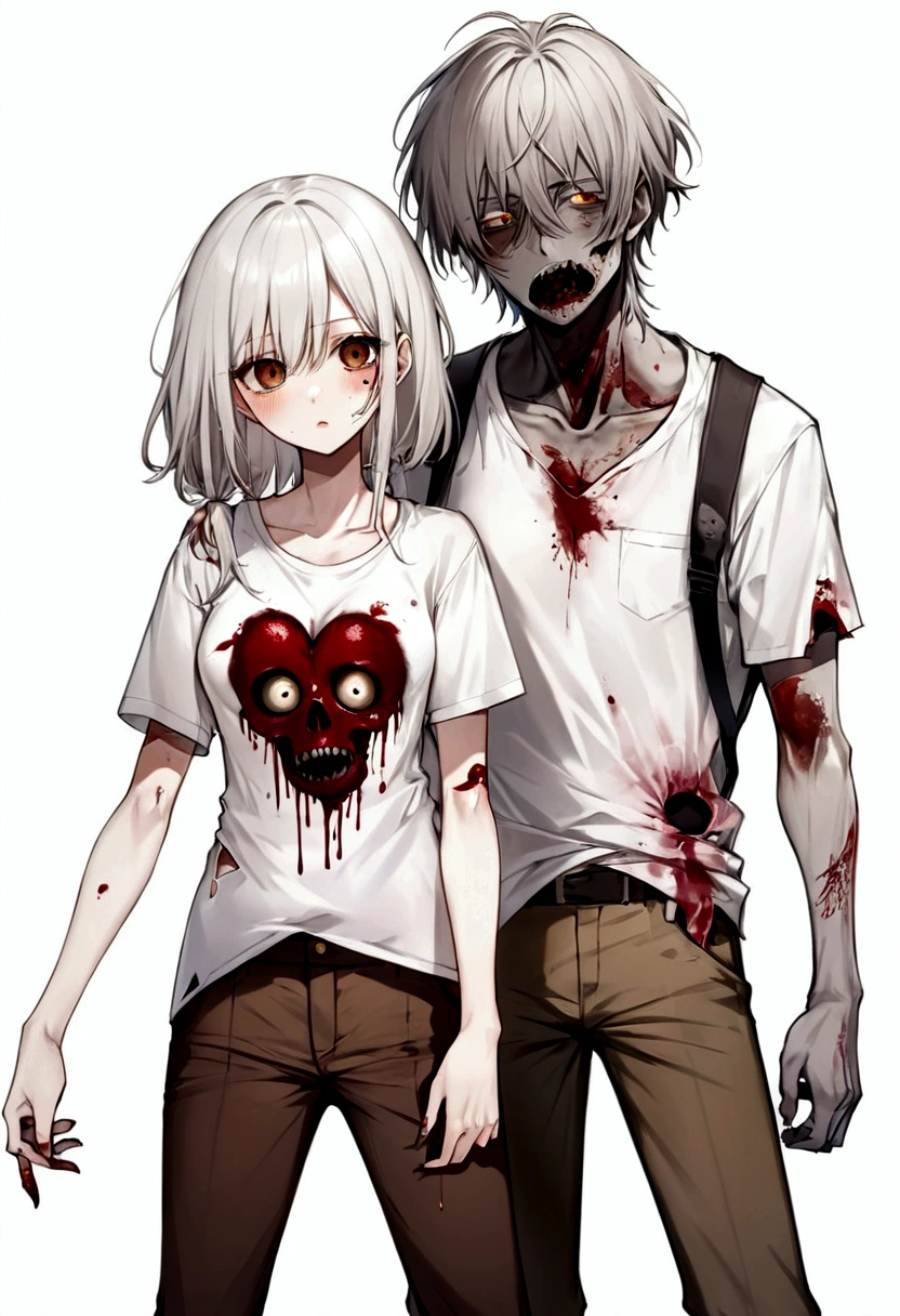 Dibuja a una chica zombie de pelo largo color negro,Brown eyes,playera de tirantes blanca con un poco de sangre, brown pants but quite torn and he is with a white-haired survivor boy, camisa blanca pero bastante rota , brown pants but quite torn and he is half fond of the zombie girl