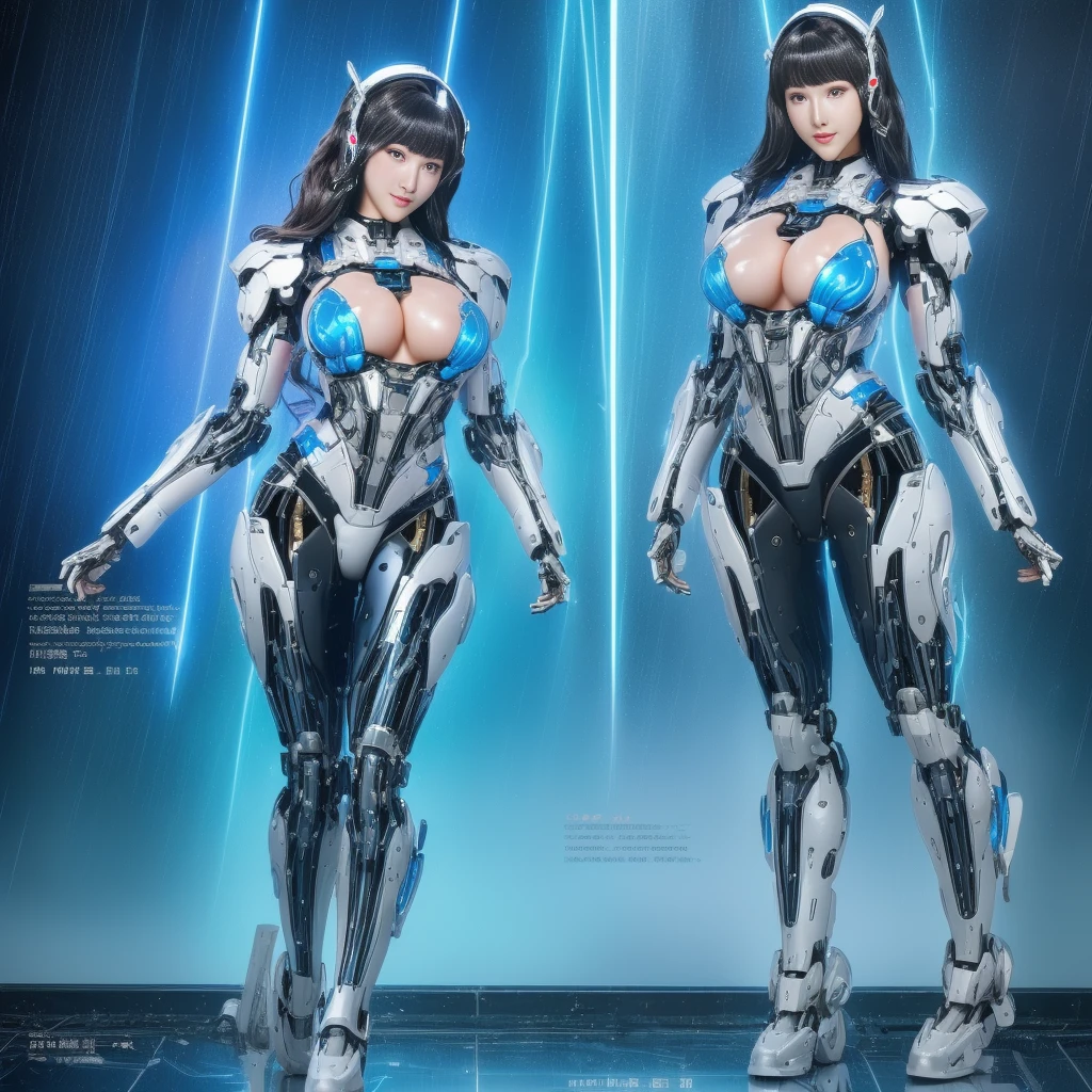 beautiful clear face(Rain waves_haneame:1.5), Super Detail, High Detail, high quality, best quality, High resolution,Beautiful female robot,Mechanical body,Mechanical body structure,Full body tights(high-tech style),Streamlined mechanical armor (Relatively thick,Highlight breast curves),Technology Antenna Hair Accessories,Sexy big , Mechanically constructed breasts,