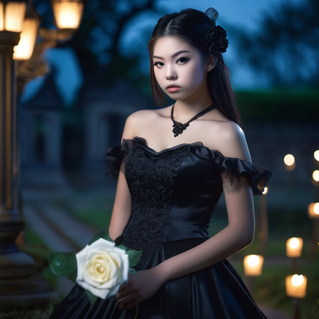(masterpiece), (extremely intricate:1.3), (realistic), photo of a a bit chubby charming pale Japanese teen girl wearing a short black shoulderless gothic dress holding a white rose, (baroque hairstyle), plan american, spooky graveyard at night, professional photograph of a stunning teen girl detailed, sharp focus, dramatic, award winning, cinematic lighting, volumetrics dtx, (film grain, blurry background, blurry foreground, bokeh, depth of field, night, motion blur:1.3), 4k, 8k, hd, hdr