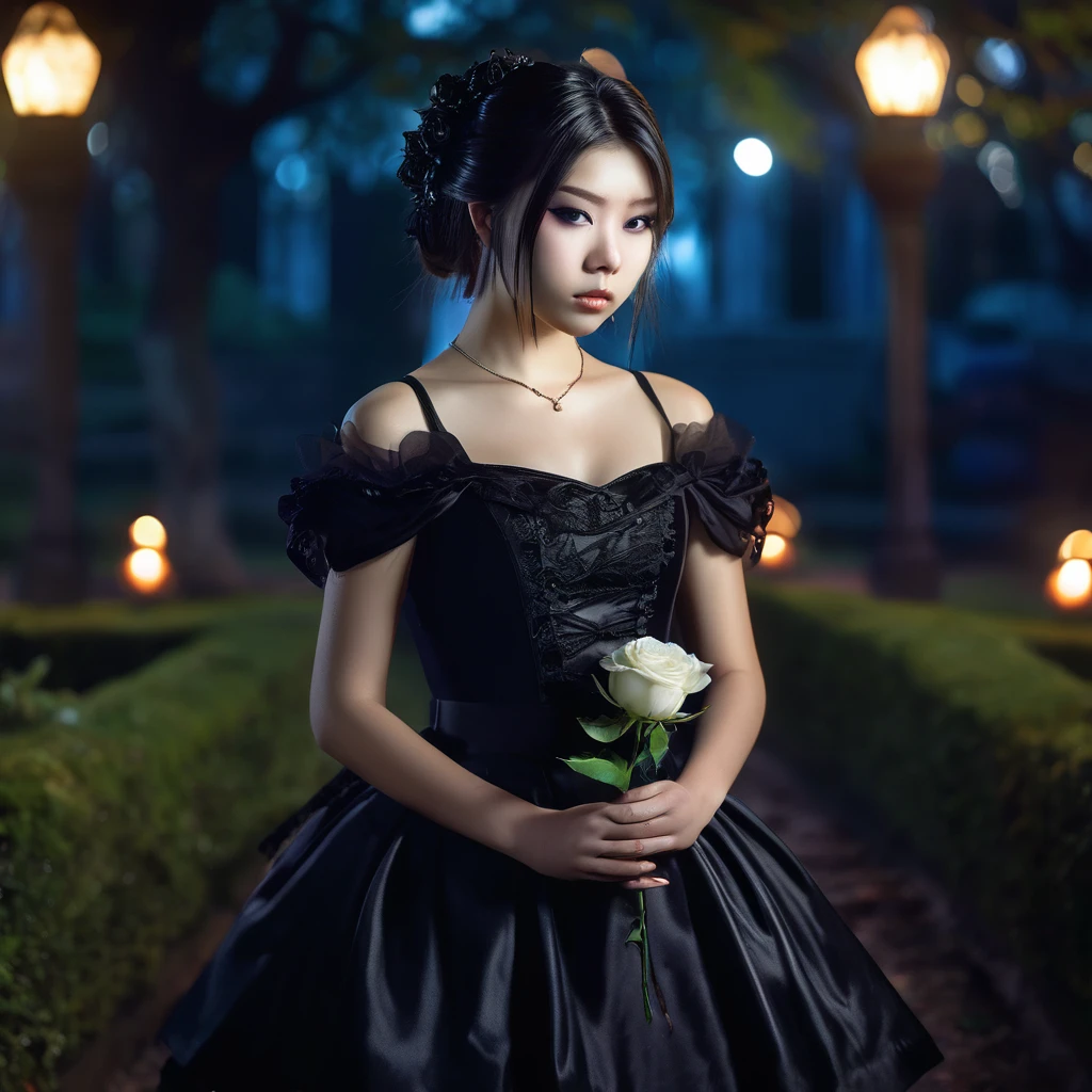 (masterpiece), (extremely intricate:1.3), (realistic), photo of a a bit chubby charming pale Japanese girl wearing a short black shoulderless gothic dress holding a white rose, (baroque hairstyle), plan american, spooky graveyard at night, professional photograph of a stunning teenl detailed, sharp focus, dramatic, award winning, cinematic lighting, volumetrics dtx, (film grain, blurry background, blurry foreground, bokeh, depth of field, night, motion blur:1.3), 4k, 8k, hd, hdr