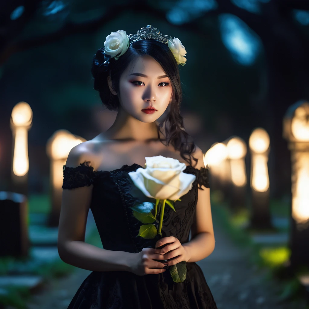 (masterpiece), (extremely intricate:1.3), (realistic), photo of a a bit chubby charming pale Japanese teen girl wearing a short black shoulderless gothic dress holding a white rose, (baroque hairstyle), plan american, spooky graveyard at night, professional photograph of a stunning teen girl detailed, sharp focus, dramatic, award winning, cinematic lighting, volumetrics dtx, (film grain, blurry background, blurry foreground, bokeh, depth of field, night, motion blur:1.3), 4k, 8k, hd, hdr