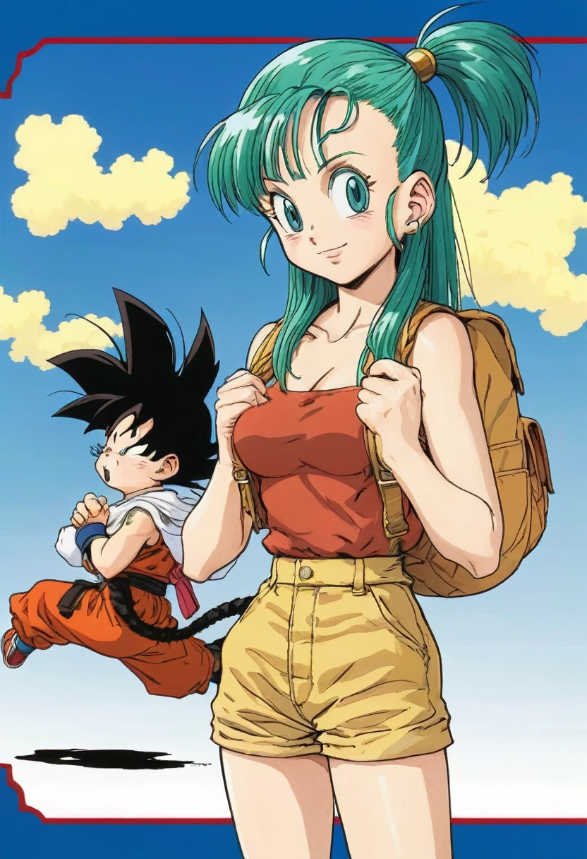 um desenho de uma mulher com cabelo verde e uma mochila, bulma from Dragon sphere, garota saiyajin, Dragon sphere style, by Akira Toriyama, Dragon sphere artstyle, female Goku, Dragon sphere, Estilo Akira Toriyama, Dragon sphere z style, character Dragon sphere, Dragon sphere, inspirado em Akira Toriyama, 90's anime