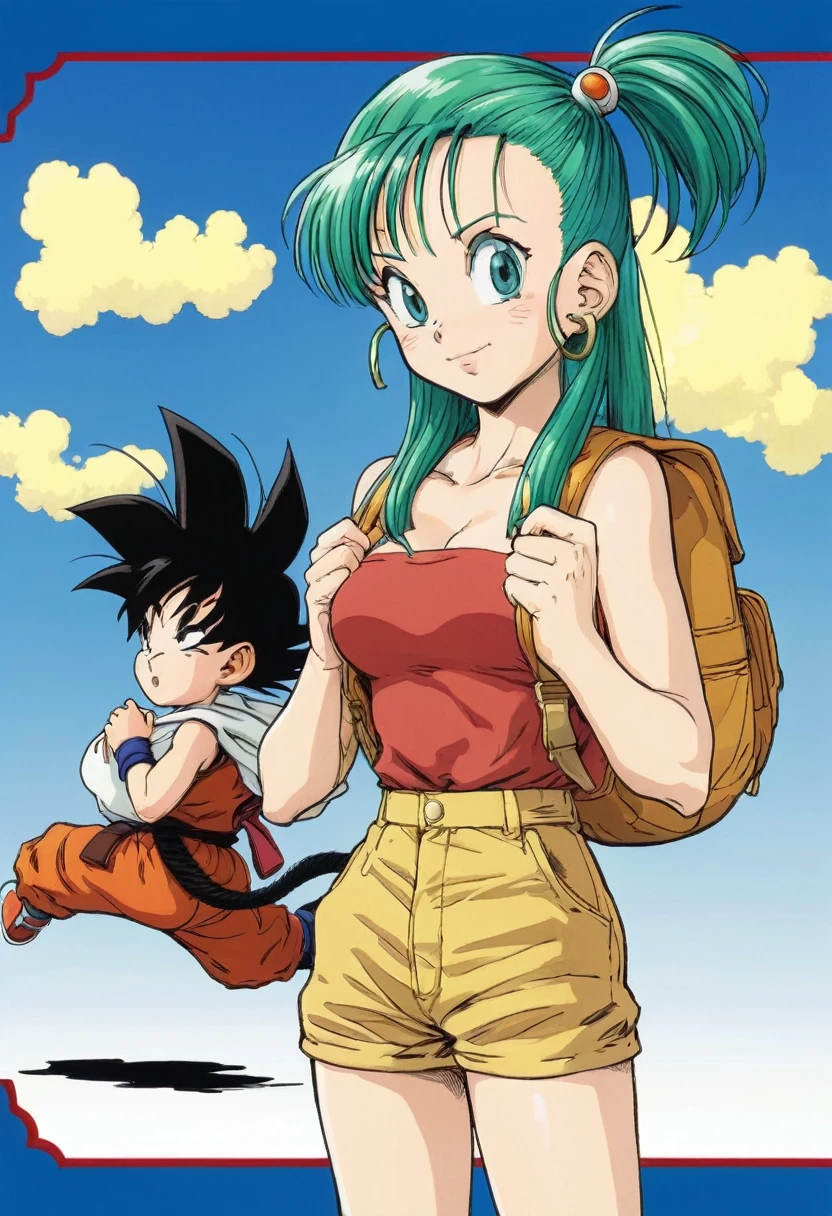 um desenho de uma mulher com cabelo verde e uma mochila, bulma from Dragon sphere, garota saiyajin, Dragon sphere style, by Akira Toriyama, Dragon sphere artstyle, female Goku, Dragon sphere, Estilo Akira Toriyama, Dragon sphere z style, character Dragon sphere, Dragon sphere, inspirado em Akira Toriyama, 90's anime