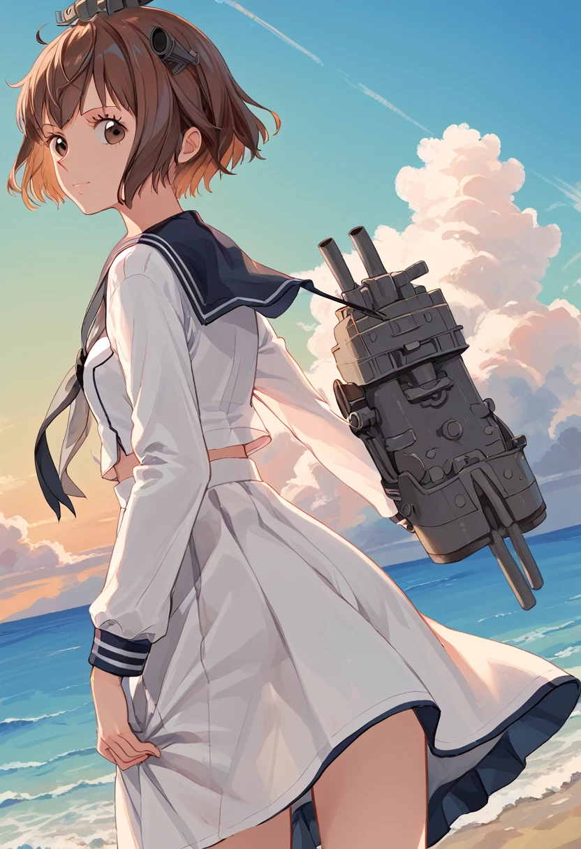 score_9,score_8_up,score_7_up,source_anime,cowboy shot,masterpiece,best quality,details background,extremely detailed,1girl,1girl,yukikaze (kancolle), brown hair, brown eyes,small breasts,short hair, sailor dress,dress,sailor collar,long sleeves,neckerchief,grey neckerchief,white dress,black sailor collar,day break,look back,sea,((white one piece))