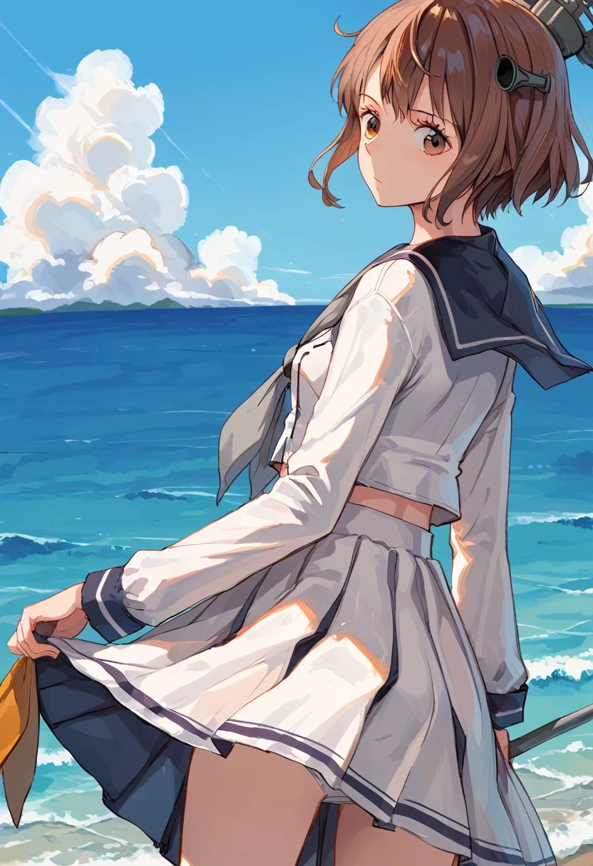 score_9,score_8_up,score_7_up,source_anime,cowboy shot,masterpiece,best quality,details background,extremely detailed,1girl,1girl,yukikaze (kancolle), brown hair, brown eyes,small breasts,short hair, sailor dress,dress,sailor collar,long sleeves,neckerchief,grey neckerchief,white dress,black sailor collar,day break,look back,sea,((white one piece))