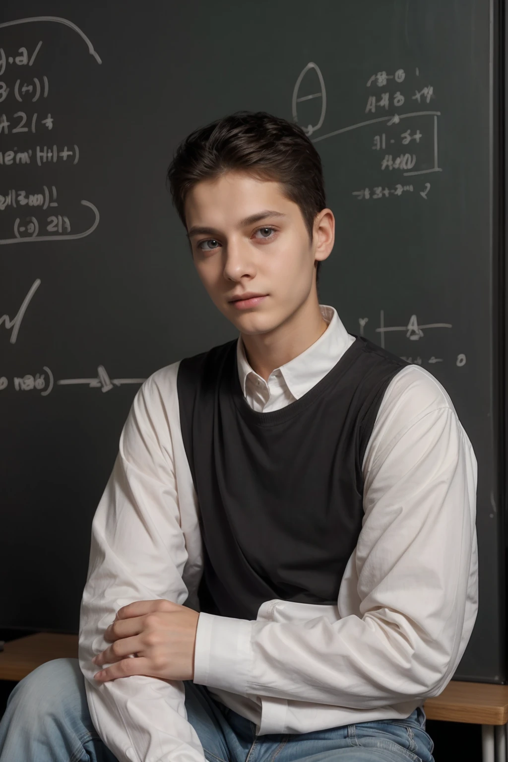 A young, cute, beautiful male twink with black hair, wearing a luxurious white long-sleeved shirt and jeans. He is in his office, and behind him is a blackboard with calculus written on it, and neon energy comes out of the blackboard. He looks proudly, his eyes have dark circles under them, and he looks with a look of horror.