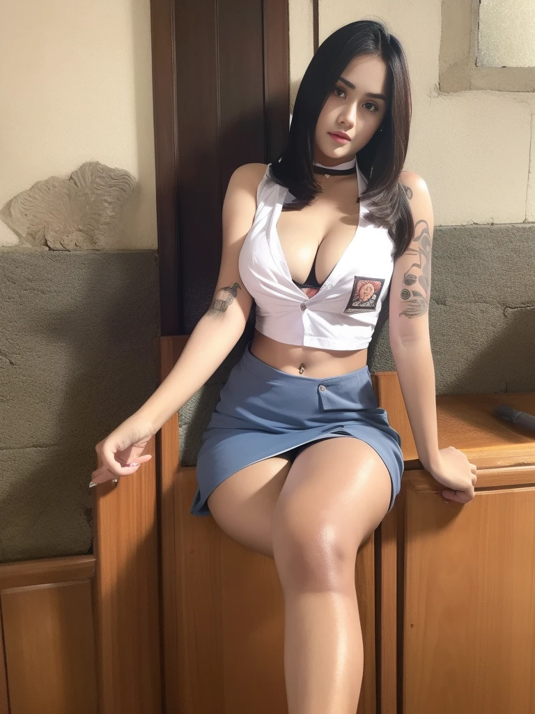(mother) (indonesian_high_school_uniform), (multicolored hair), (bob hair), (highlight hair), crowded, (classroom school), detailed face, (makeup), detailed eyes, (huge breasts), (massive breasts), shiny skin, looking at the audience,(8k, RAW photo, best quality, masterpiece: 1.2), (realistic, realistic: 1.37), ultra-high resolution, (gigantic breast), big breast, deep v neck, (croptop),(very short skirt), (plunge neckline), (mini skirt slit), choker, button shirt, (underboobs), navel, (yakuza tattoo breast, showing all her tattoos, flower tattoos,full tattoos), (sitting open legs)