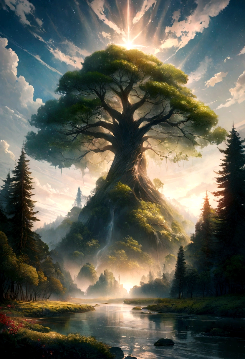 Illustration of a hyper-realistic, otherworldly, ultra-celestial scene with a full-length giant crystal tree, very detailed and magical lighting, intricate forest details, vegetation and river around, sunny punk, landscape, giant tree, beautiful deciduous with beautiful lighting and realistic proportions, as if it were a cinematic background, 8k, the highest quality, a masterpiece, clouds and stars in the sky.