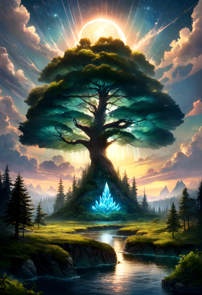 Illustration of a hyper-realistic, otherworldly, ultra-celestial scene with a full-length giant crystal tree, very detailed and magical lighting, intricate forest details, vegetation and river around, sunny punk, landscape, giant tree, beautiful deciduous with beautiful lighting and realistic proportions, as if it were a cinematic background, 8k, the highest quality, a masterpiece, clouds and stars in the sky.