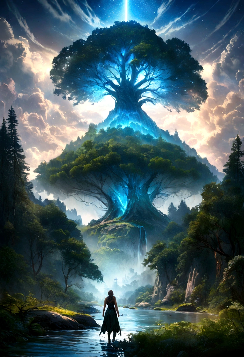Illustration of a hyper-realistic, otherworldly, ultra-celestial scene with a full-length giant crystal tree, very detailed and magical lighting, intricate forest details, vegetation and river around, sunny punk, landscape, giant tree, beautiful deciduous with beautiful lighting and realistic proportions, as if it were a cinematic background, 8k, the highest quality, a masterpiece, clouds and stars in the sky.