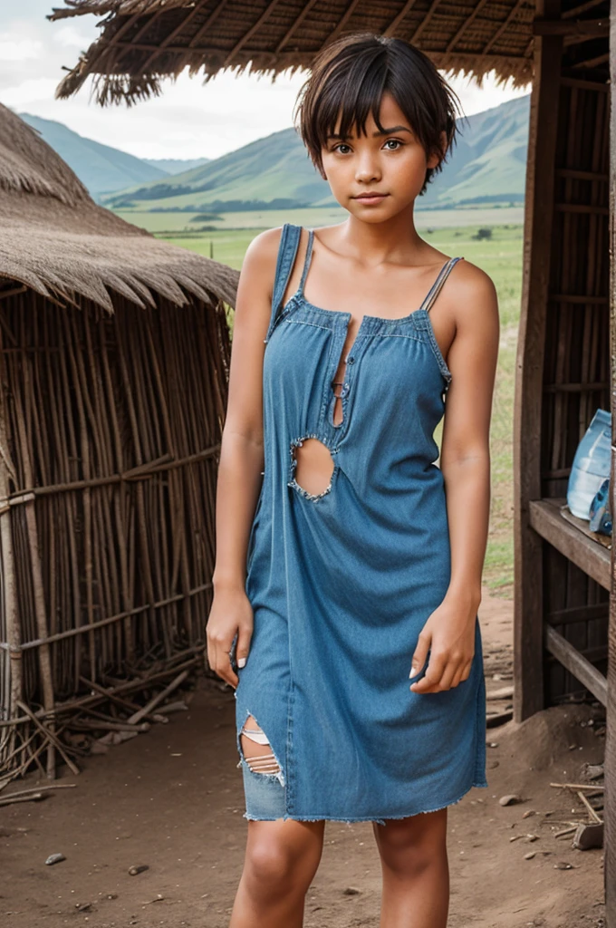 A poor girl wearing torn old dress with short meassy hair standing outside a hut 