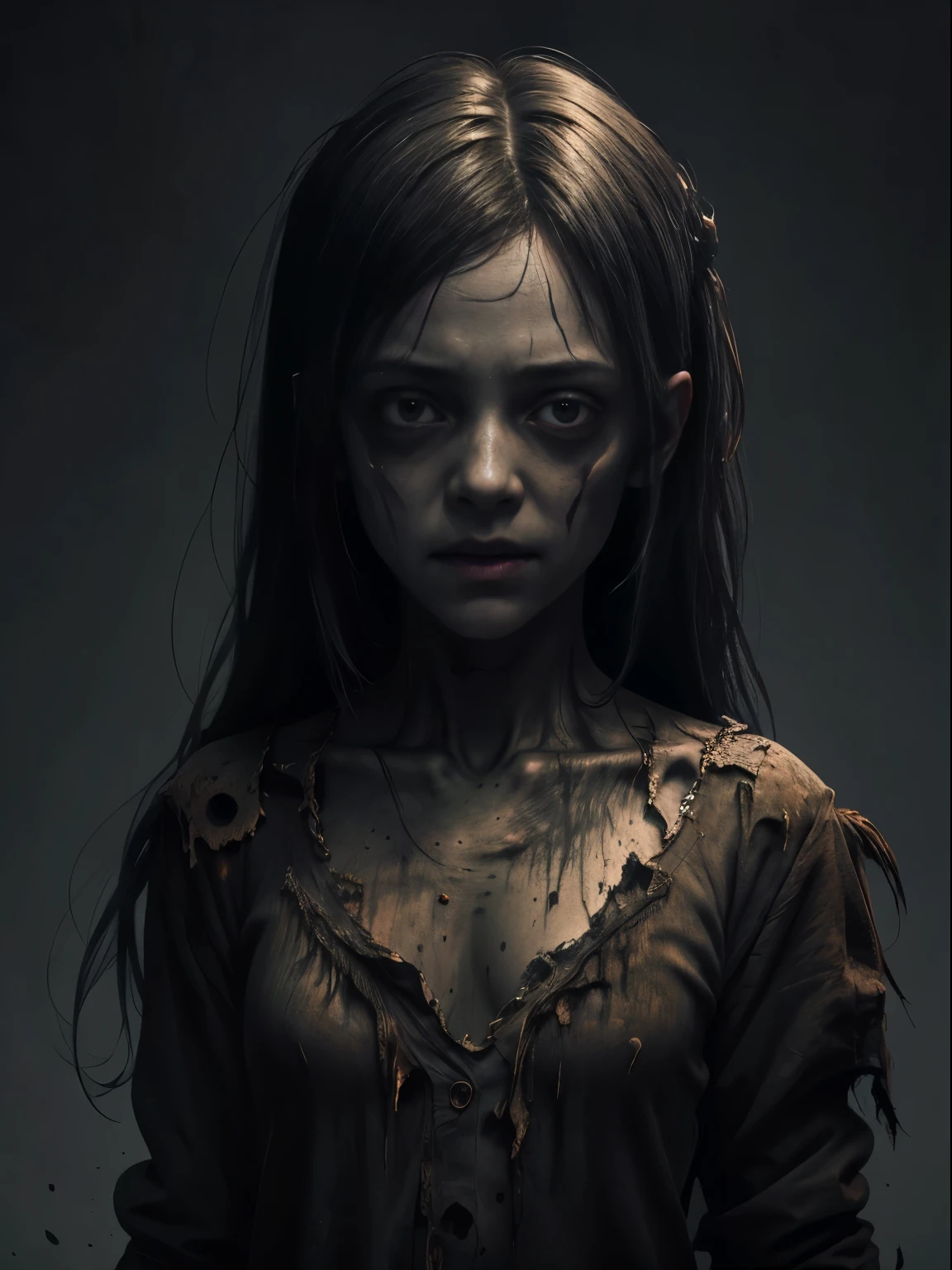 A haunting portrait of a  girl with a face that reflects the horrors of the undead, zombie, empty eyes, Focus on realism and intricate details to capture the unsettling nature of her appearance. Depict her lifeless eyes, decaying skin, and disheveled  in vivid and precise detail, using shading and textures to bring the image to life. Upper body shot