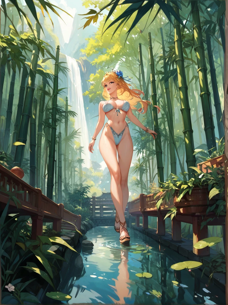 A beautiful long-haired nude all girl walking on a bamboo bridge, with a river below filled with countless crocodiles opening their mouths waiting for the girl to fall, above the girl's head is a flock of pigeons carrying folded letters to her.