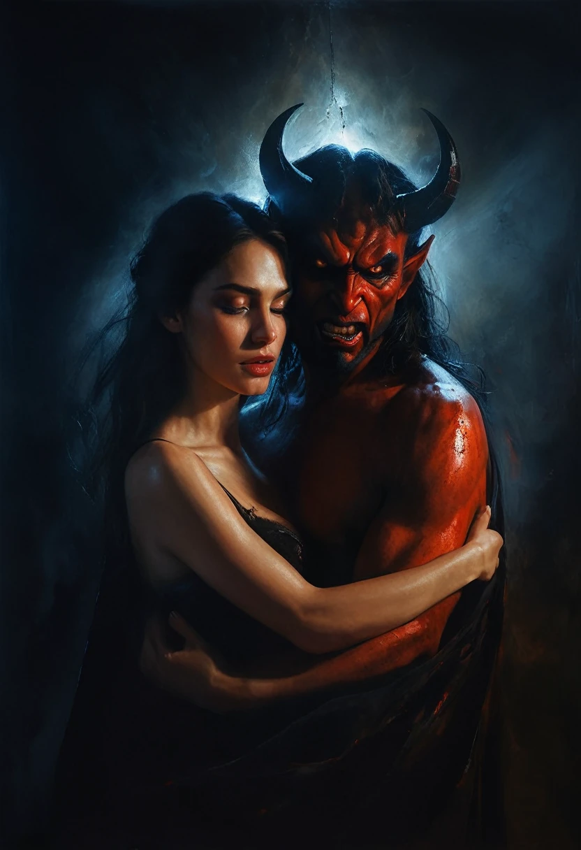 painting of a beautiful woman is carefully hugged by a demon, dark atmosphere, cinematic scene, volumetric lights, ultra realistic, in the style of nicola samori