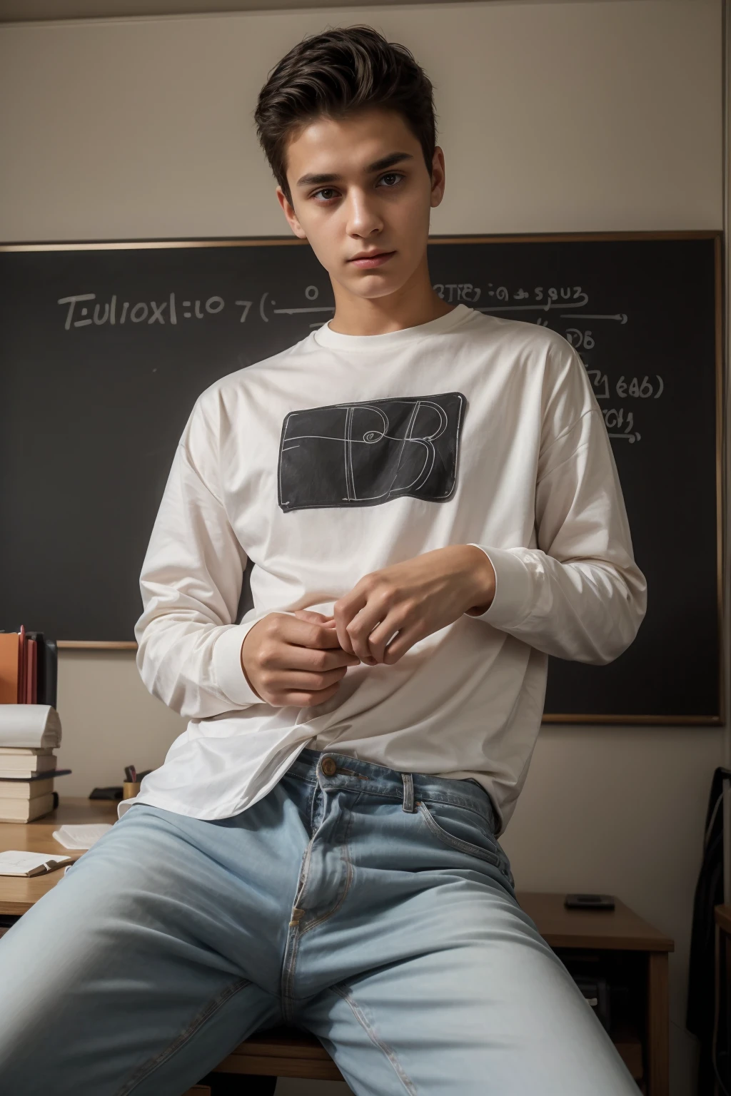 A cute, beautiful, black-haired male twink is wearing a luxurious white long-sleeved shirt and jeans. He is in his office, and behind him is a blackboard with calculus written on it, and neon energy comes out of the blackboard. He is looking proudly, and his eyes have dark circles under them. He is sitting in his office and looking with a look of horror.