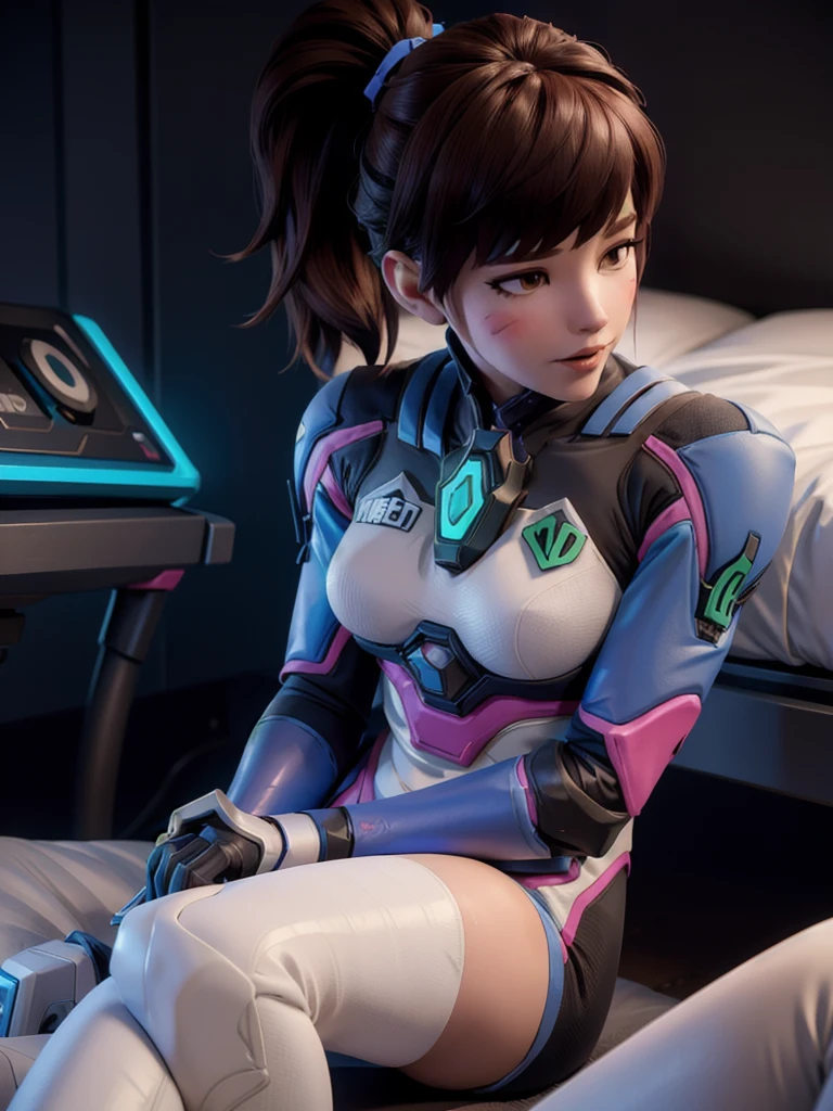 ((DVA from Overwatch)) without her mech, a woman with short brown hair in a (ponytail),she sits with her legs spread, high quality refelctions, volumetric lighting, she is wearing her classic thin tight figure hugging stretchy pink white and ((blue)) full bodysuit, in her bedroom on her bed, 1 girl solo, cinematic lighting, high resolution, physically-based rendering, 8k, volumetric lighting, hyperrealistic, detailed facial features, masterpiece, full upper body, gaming setup in background, cinematic, you can see the fabric of the shirt and the knits very detailed,((she has very small  breasts)),  flat , the focus is on her whole body and the environment, cinematic screenshot, you can see the (whole room) and her sitting on the bed, the picture has a very soft look at soft textures, cute sleepy smile, her arms are on a game controller, DVA is gaming before sleeping,  woman body