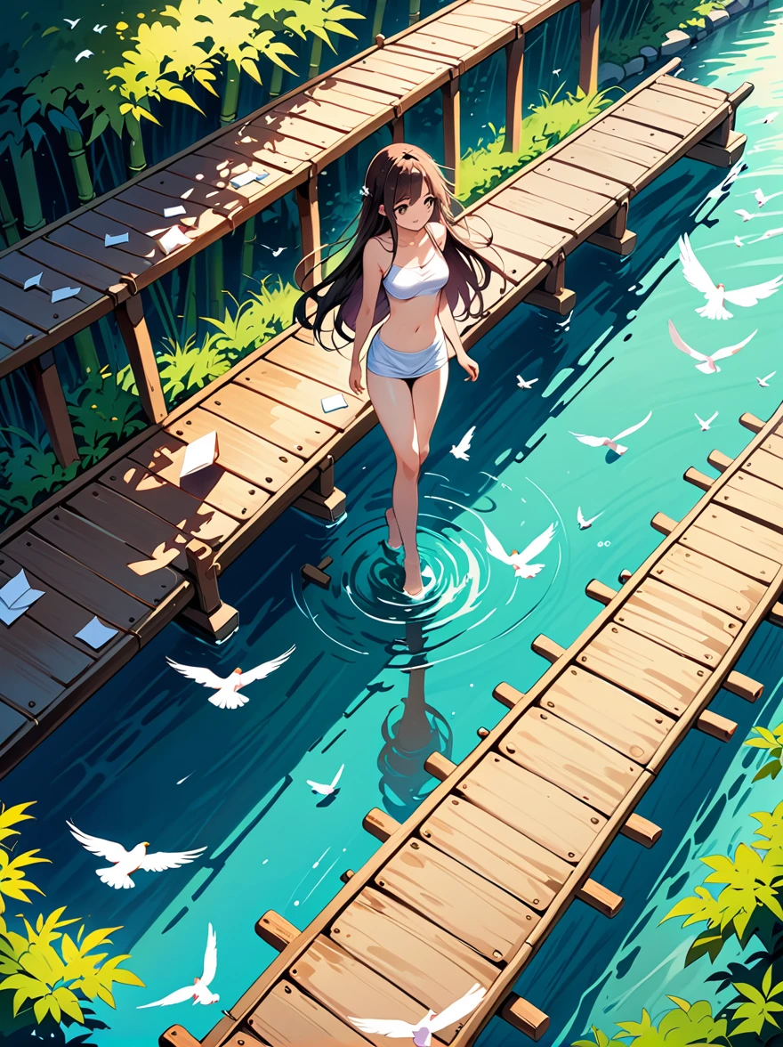 A beautiful long-haired nude all girl walking on a bamboo bridge, with a river below filled with countless crocodiles opening their mouths waiting for the girl to fall, above the girl's head is a flock of pigeons carrying folded letters to her.