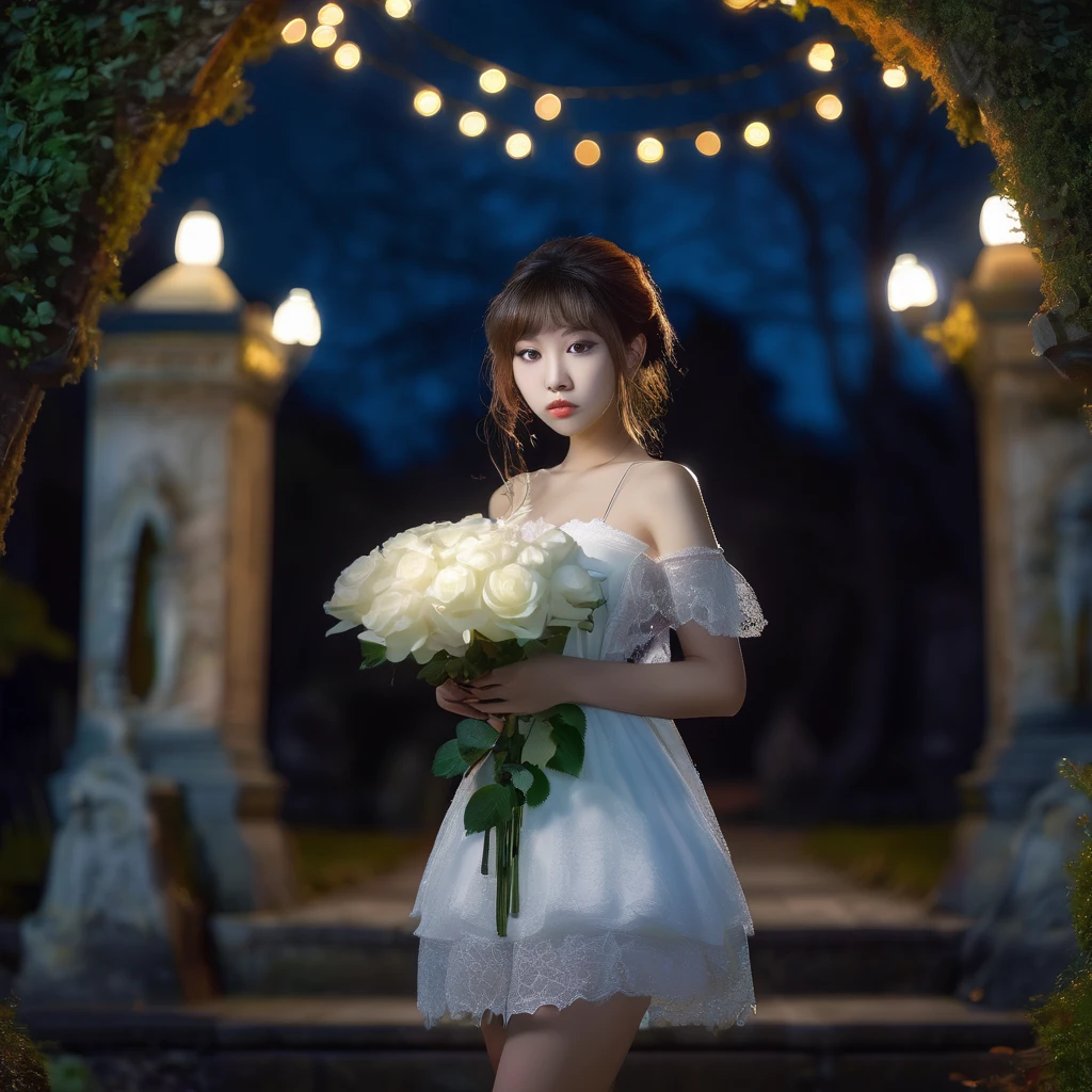 (masterpiece), (extremely intricate:1.3), (realistic), photo of a a bit chubby charming pale Japanese teen girl with very hairy groin stands in the full nudity  holding a white rose, (baroque hairstyle), plan american, spooky graveyard at night, professional photograph of a stunning teen girl detailed, sharp focus, dramatic, award winning, cinematic lighting, volumetrics dtx, (film grain, blurry background, blurry foreground, bokeh, depth of field, night, motion blur:1.3), 4k, 8k, hd, hdr