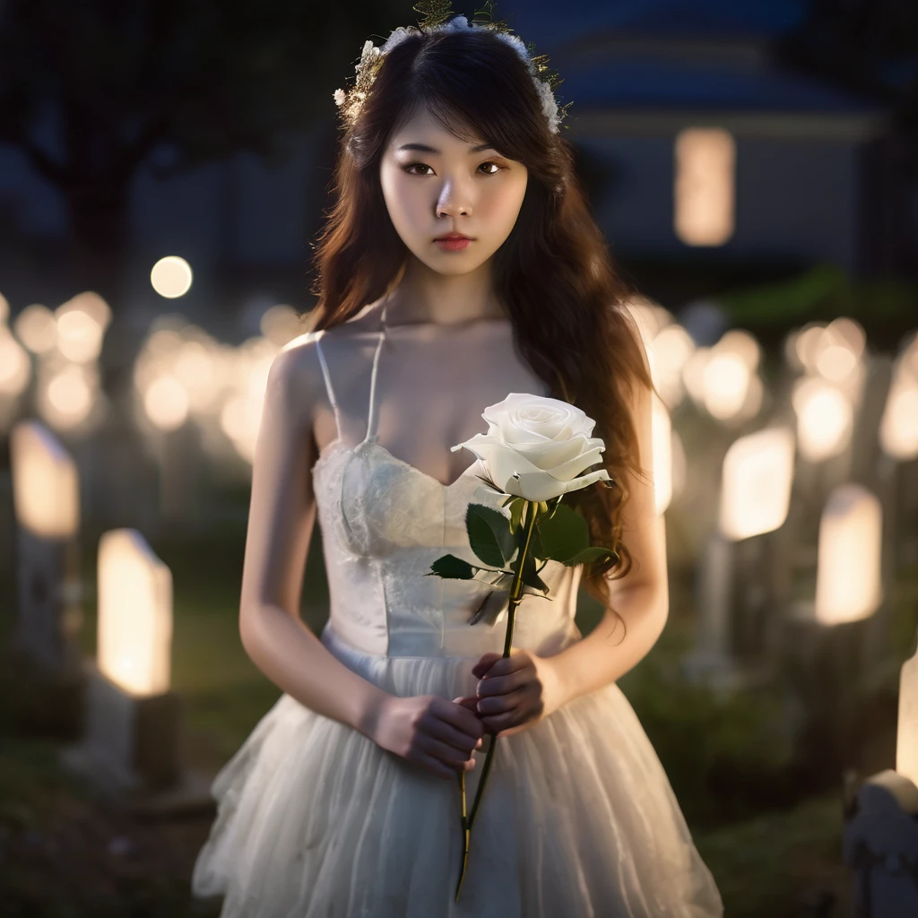 (masterpiece), (extremely intricate:1.3), (realistic), photo of a a bit chubby charming pale Japanese girl with very hairy groin stands in the full nudity holding a white rose, (baroque hairstyle), plan american, spooky graveyard at night, professional photograph of a stunning teenl detailed, sharp focus, dramatic, award winning, cinematic lighting, volumetrics dtx, (film grain, blurry background, blurry foreground, bokeh, depth of field, night, motion blur:1.3), 4k, 8k, hd, hdr
