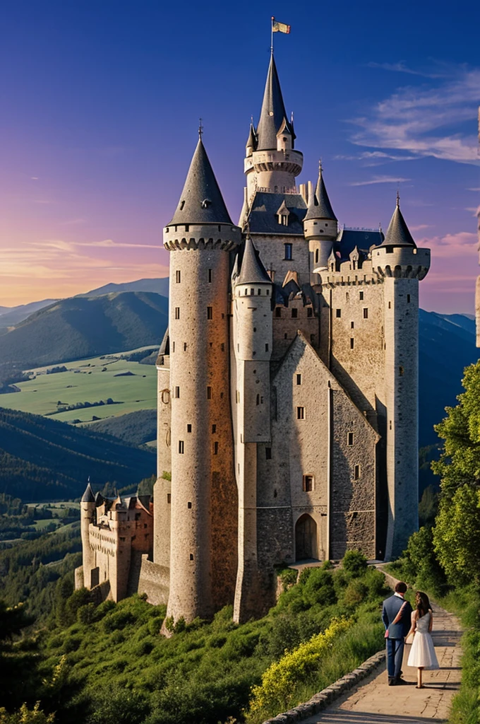 Old castle with little princess and prince glasses