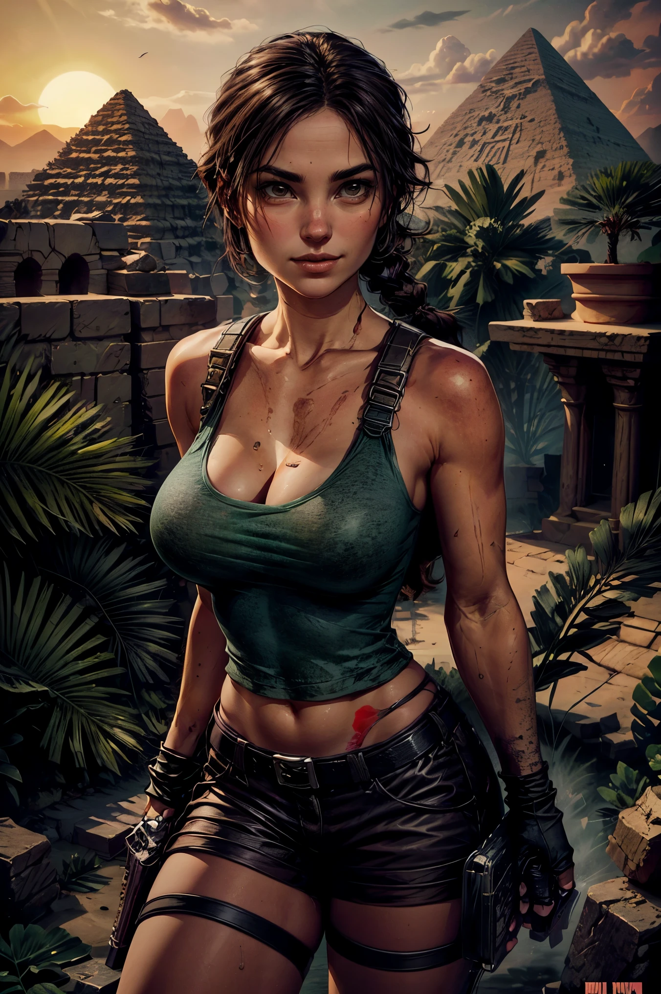  Tomb Raider epic scene Realistic masterpiece, ultra high quality image showing a beautiful and sexy Lara Croft , perfect fit body with huge natural breast popping in tight black cropped top , she wear a small green kaki mini short and one holster gun strapped on her leg , perfect skin texture, shown to have a fairly slender figure. She has brown hair , she has long hair with a pony tail and large pale green eyes, standing in the Egyptian desert with the sphinx and a pyramid far away in the background, in a epic Egyptian desert scene, she  standing in a natural and relaxed pose , during sunset, when the sky is full of bright colors and billowing clouds, reflecting the light of the low setting sun. Amazing Egyptian ruins scene in the background, The gorgeous sunset adds a magical atmosphere to the photo, and highlights the beauty of the moment when the girl chose to drink water . The seductive expression on the girl's face and her playful contemplate at the viewer add an element of hotness and romance to the picture. While the splendor of the desertic landscape in the style of a tomb raider epic scene reflect the girl's exploration and adventurous spirit., huge cleavage exposed, big breasts, superior quality, many details, Puri focus Sharp and realistic , black cropped top and a small mini green short , perfect hands, detailed hands, perfect eyes, detailed eyes, realistic, HDR, UHD, dynamic