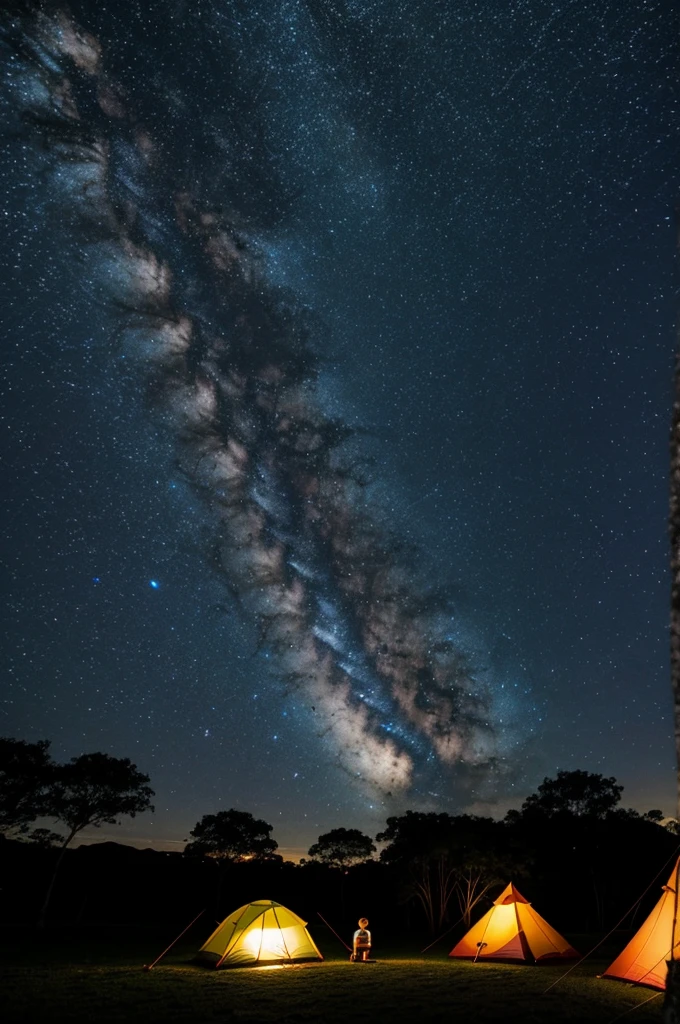 Campamento, boyscout anime, con rayos cayendo del cielo en un parque oscuro