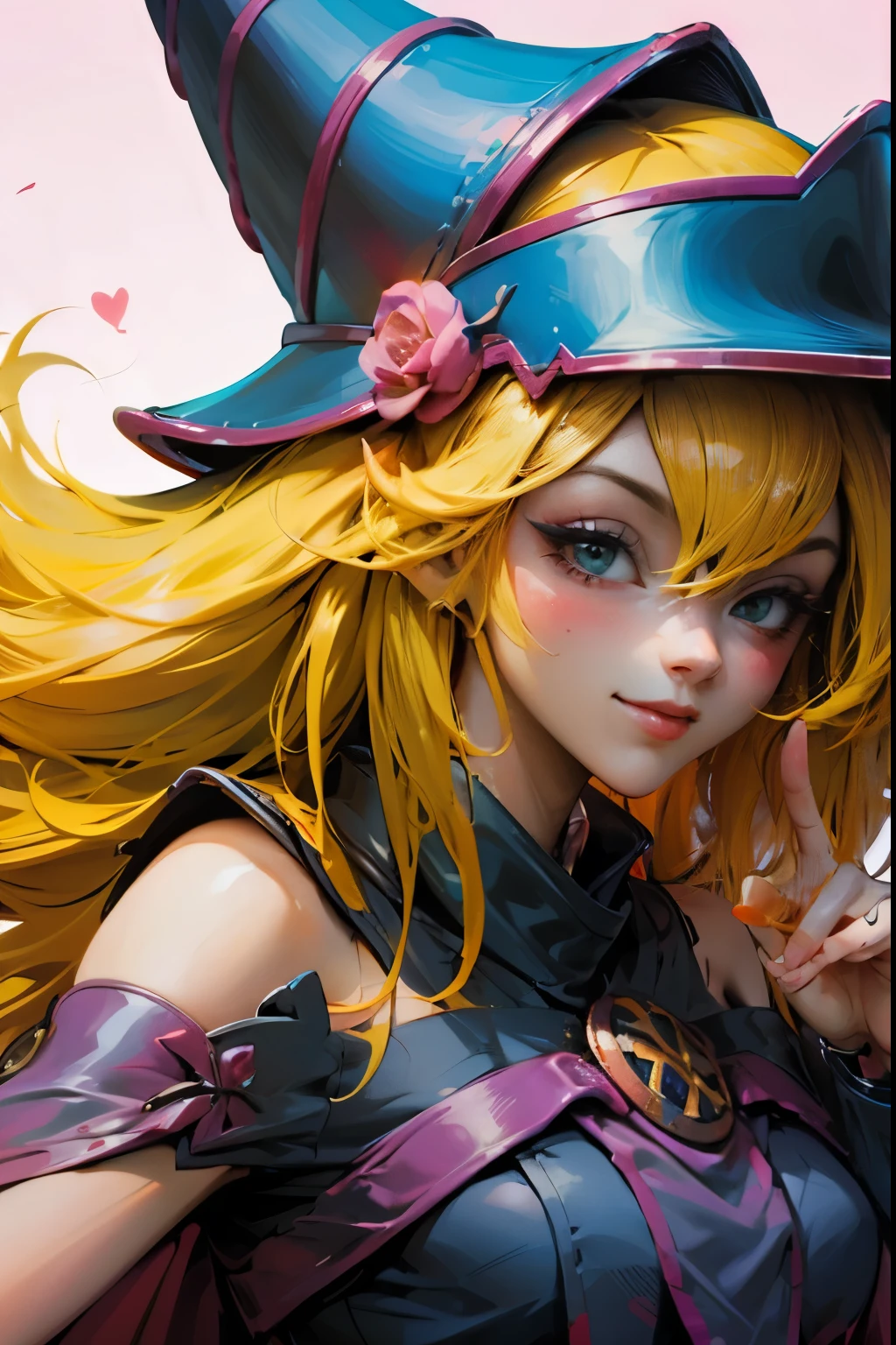 Beautiful dark magician Gils doing the peace and love sign with her fingers. She smiles in a sexy pose while making the peace sign with her hands. She winks, smiles and is flirtatious.