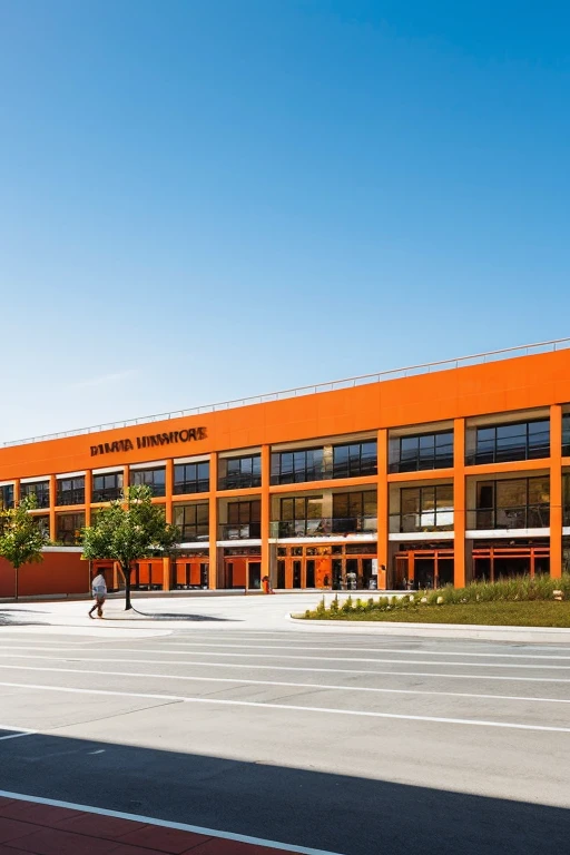 Illustration for the magazine "Orange".Orange building,There is a sign on the building in white on an orange background “Orange”,parking lot in the foreground,profile view of the illustration