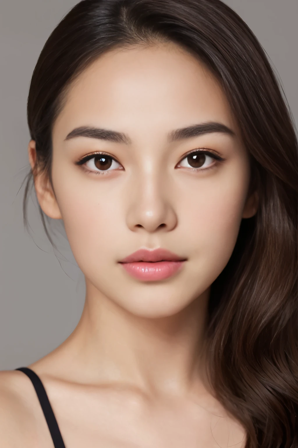 Create a (( mid-shot )) photorealistic image of a beautiful Asian woman with fair, smooth, flawless skin. She has large, round, sparkling eyes with naturally long and curled eyelashes, and well-defined, dark eyebrows. Her nose is straight and high, and her naturally pink, soft lips form a gentle smile. She has short, slightly curled brown hair that highlights her delicate facial features. Her face is oval-shaped, with a wide and high forehead, moderately high cheekbones, and a pointed, slender chin. She is wearing a black lingerie that complements her elegant and feminine appearance. (( waist to top))