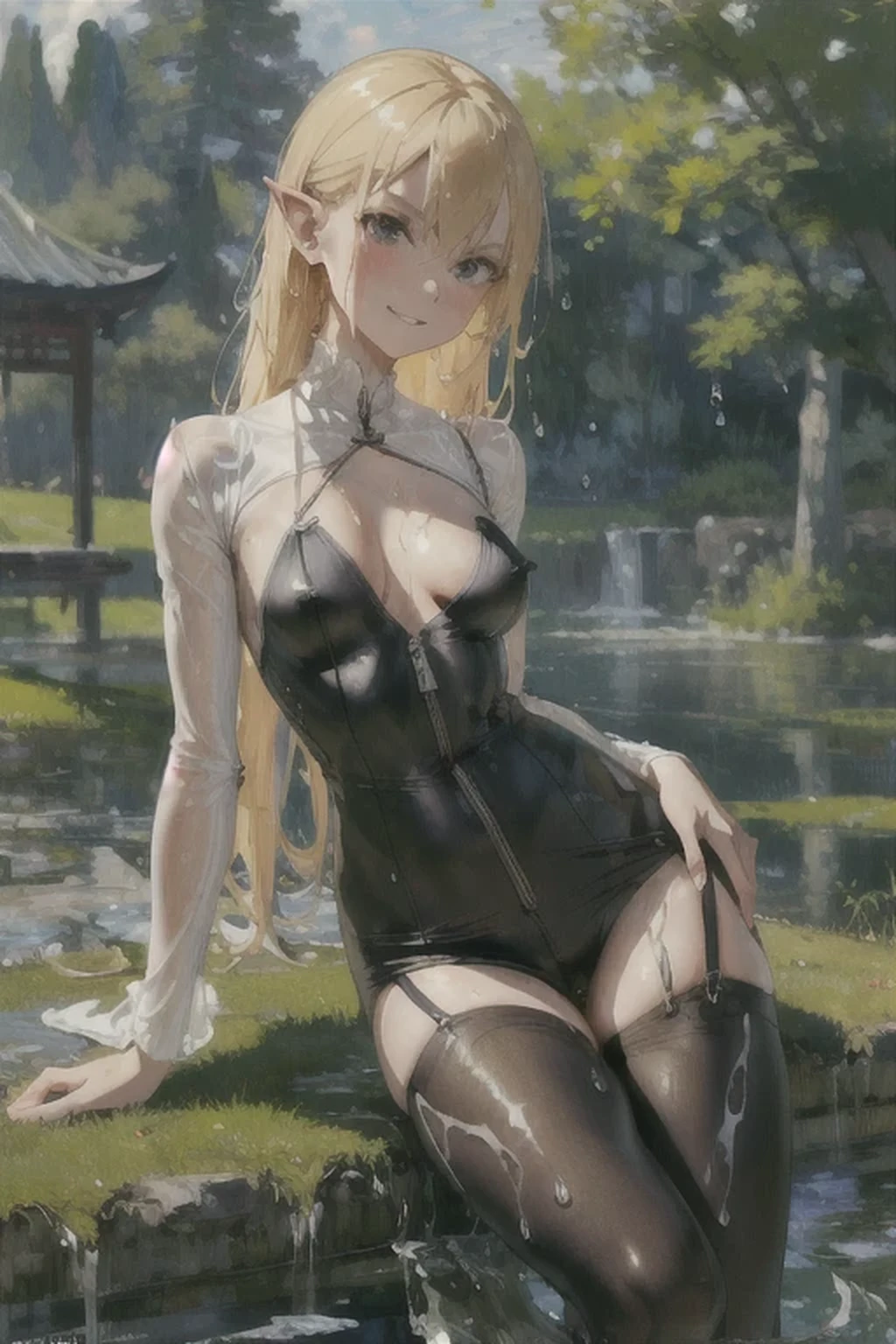 Girl Doll,Solitary,sports,Relax,(The zipper is not closed),Blonde,elegant,Pointed ears,whole body,Chinese element pattern,Open your legs,(((Exposing thighs))),full,Transparent openwork,Deep V Suspenders,Short skirt,stocking,leggings,(Brushstrokes,Impressionism,painting,Rich scenery),Disheveled,Chest contour,(((Wet clothing))),(((Ultra-thin clothing))),((Flesh outline)),Grinning