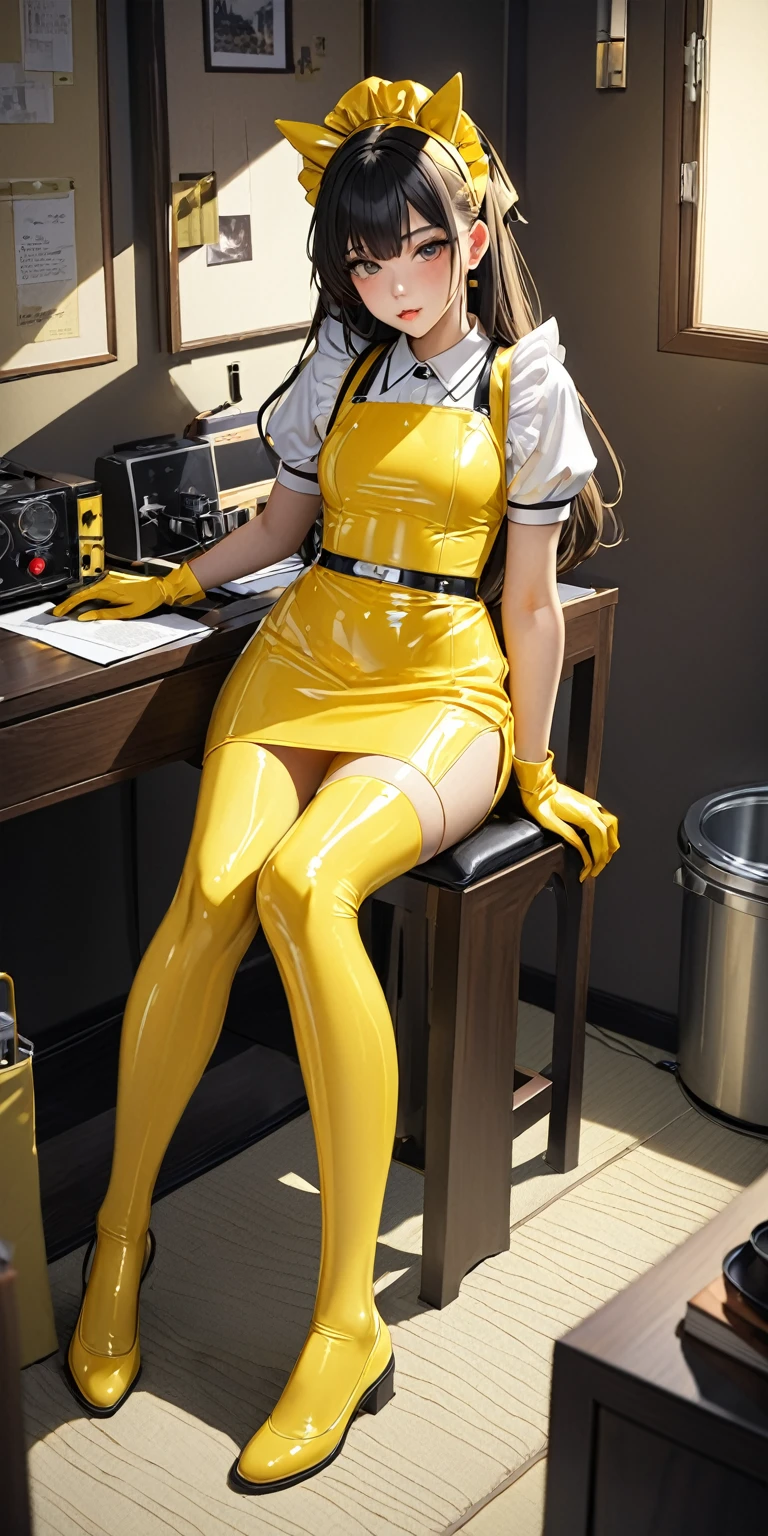Portraiture、(masterpiece,Highest quality,Ultra-high resolution),Japanese women, (((Very beautiful 25 year old girl))),(Pale yellow latex maid outfit)、(Pale yellow latex long skirt)、(A long-sleeved latex shirt that covers the upper body)、Pale yellow latex gloves、Pale yellow latex socks、Pale yellow latex bodysuit、Frills、The clothes fit snugly to the body、Latex is very shiny、Dark Room、