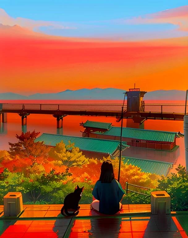 a woman sitting on a shelf with a cat, Ehime, japan shonan enoshima, landscape of Kamakura, by Toshihide Nishida, Minamiten-bo Nakahara, by Masao Maeda, beautiful Iwakura, by Naomichi Nakamura, by Rei Kamogari, Tsuyoshi Miyamoto, by Kamagurukaphotorealistic, highly detailed, vibrant colors, natural lighting, beautiful scenery, Japanese architecture, traditional style, elegant pose, pensive expression, calico cat, soft focus, warm tones, cinematic composition