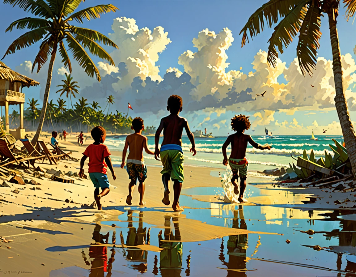 Craig Mullins ilustration style, kids playing on the beaches of Cuba
