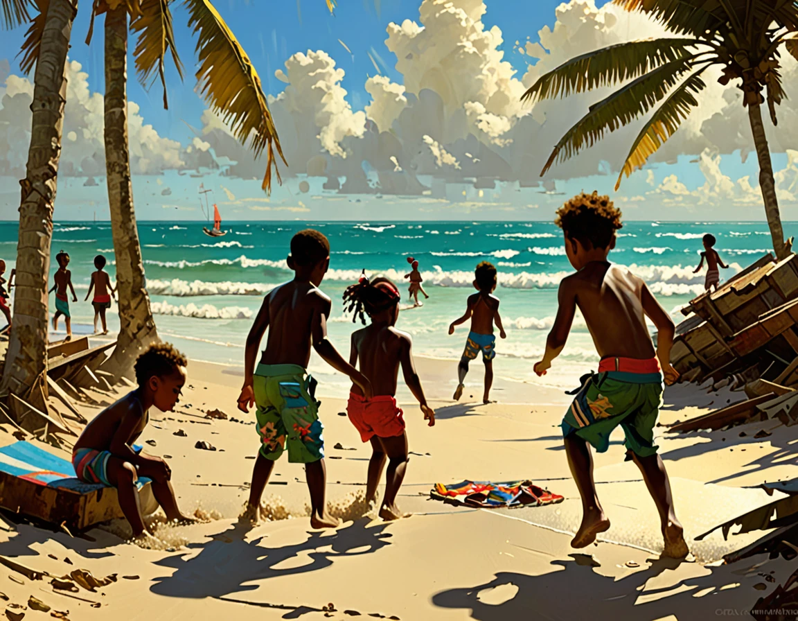 Craig Mullins ilustration style, kids playing on the beaches of Cuba