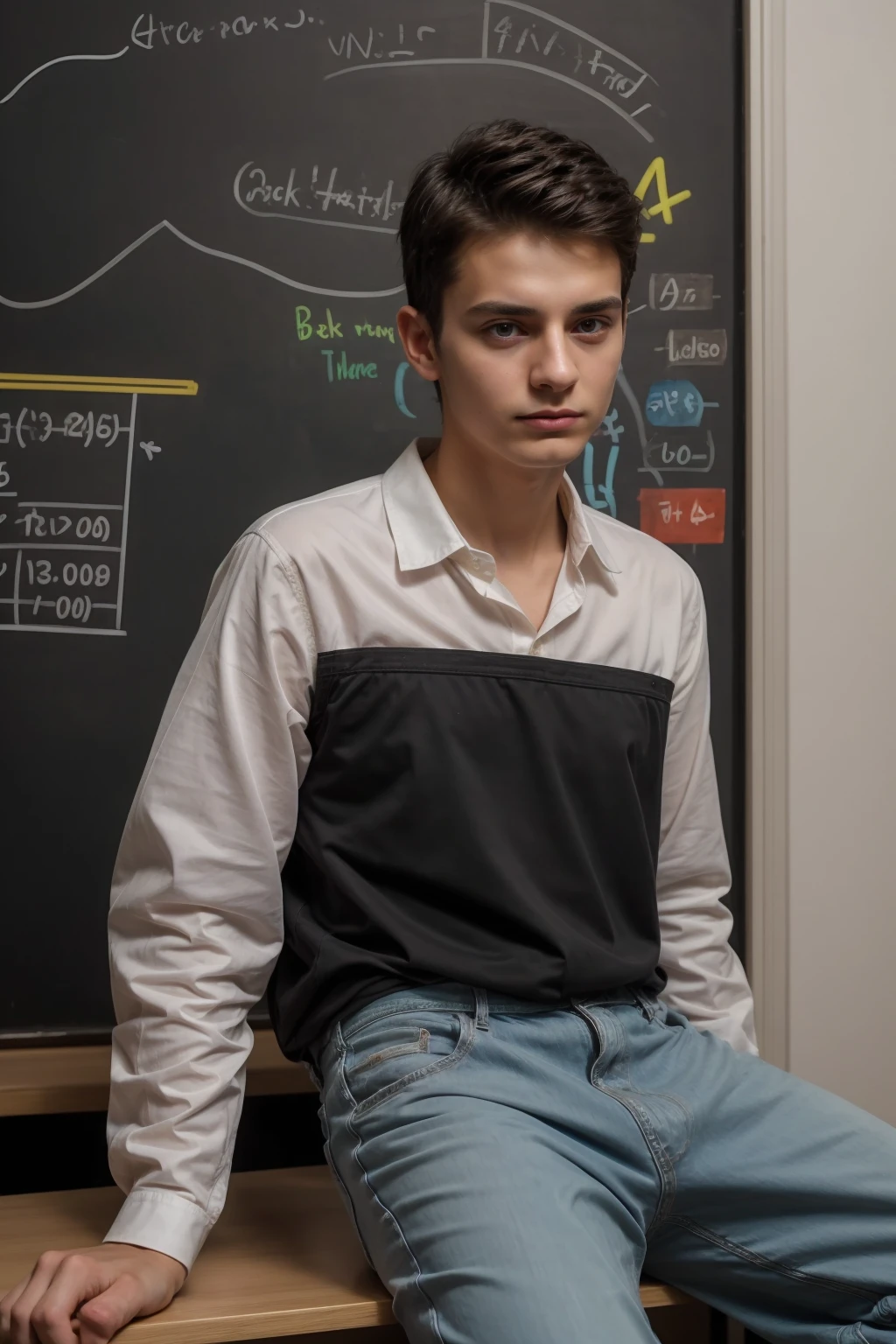 A cute, beautiful, black-haired male twink is wearing a luxurious white long-sleeved shirt and jeans. He is in his office, and behind him is a blackboard with calculus written on it, and neon energy comes out of the blackboard. He is looking proudly, and his eyes have dark circles under them. He is sitting in his office and looking with a look of horror.