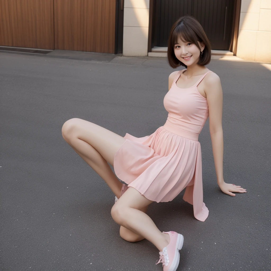 Delicate cheeks，Pink skirt，Charming smile，Open your legs