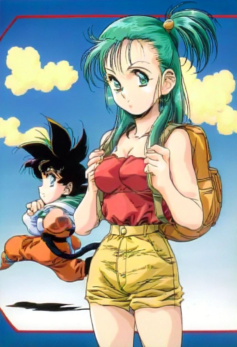 um desenho de uma mulher com cabelo verde e uma mochila, bulma from Dragon sphere, garota saiyajin, Dragon sphere style, by Akira Toriyama, Dragon sphere artstyle, female Goku, Dragon sphere, Estilo Akira Toriyama, Dragon sphere z style, character Dragon sphere, Dragon sphere, inspirado em Akira Toriyama, 90's anime