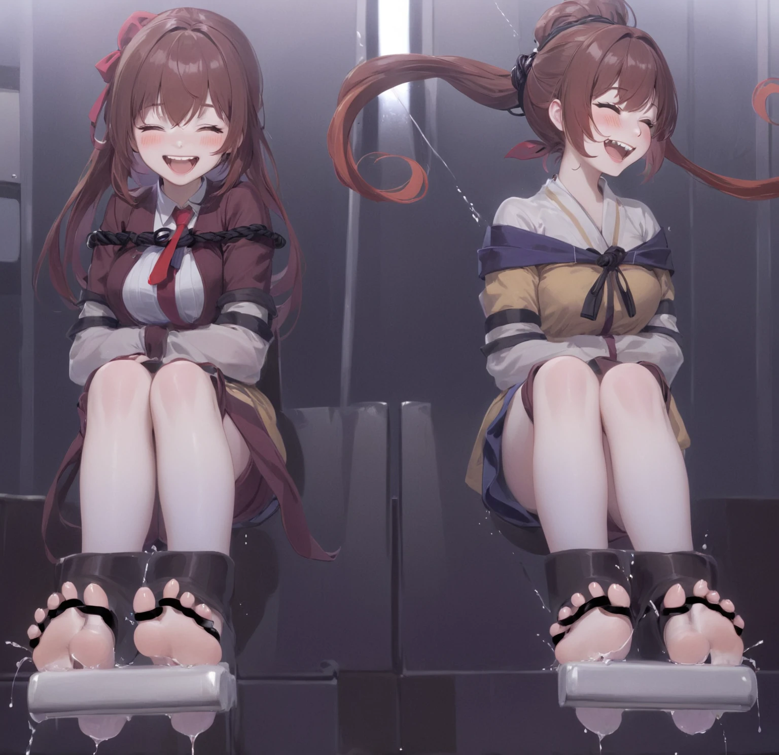 two extremely delicate and beautiful girls with there feet up,there foot sticking out,girls sitting on a chair,(laughing:1.4),(big mouth:1.1),open mouth,happy,((extremely delicate and shiny feet)),((black ropes tied toes)),(frown:1.3),crazy smile,(pain face:1.2),blush,tears,sweat,(Roller brush),(foot tickling),Roller brush在女孩的脚上旋转,feet stock,((trembling)),bondage,closed eyes,(((masterpiece))), (((best quality))), (official art), ((extremely detailed CG unity 8k wallpaper)), (Best character details), ((ultra-detailed)), (illustration), (dynamic angle),