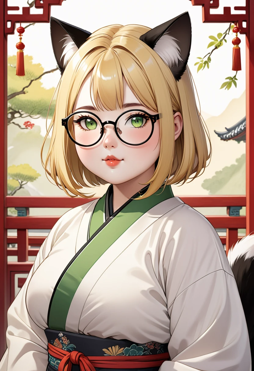chubby girl, Blonde with green eyes, medium length hair, open forehead, without bangs, round facial features, glasses with black square frames
Китайский стиль одежды, ancient china cat ears, cat tail