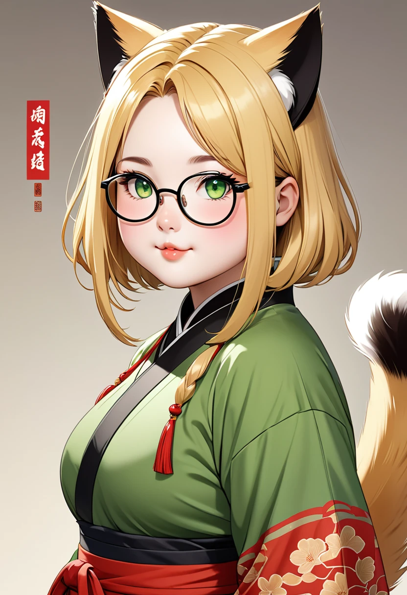 chubby girl, Blonde with green eyes, medium length hair, open forehead, without bangs, round facial features, glasses with black square frames 
Китайский стиль одежды, ancient china cat ears, cat tail 