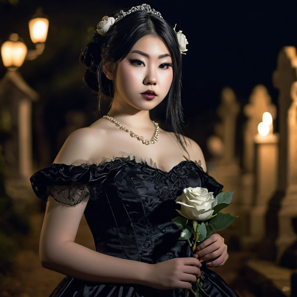 (masterpiece), (extremely intricate:1.3), (realistic), photo of a a bit chubby charming pale Japanese teen girl wearing a short black shoulderless gothic dress holding a white rose, (baroque hairstyle), plan american, spooky graveyard at night, professional photograph of a stunning teen girl detailed, sharp focus, dramatic, award winning, cinematic lighting, volumetrics dtx, (film grain, blurry background, blurry foreground, bokeh, depth of field, night, motion blur:1.3), 4k, 8k, hd, hdr