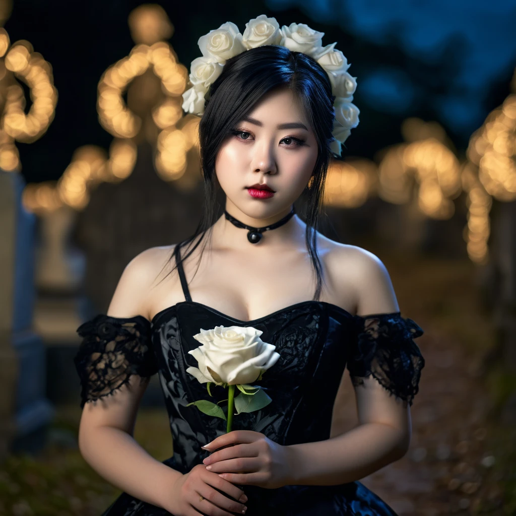 (masterpiece), (extremely intricate:1.3), (realistic), photo of a a bit chubby charming pale Japanese teen girl wearing a short black shoulderless gothic dress holding a white rose, (baroque hairstyle), plan american, spooky graveyard at night, professional photograph of a stunning teen girl detailed, sharp focus, dramatic, award winning, cinematic lighting, volumetrics dtx, (film grain, blurry background, blurry foreground, bokeh, depth of field, night, motion blur:1.3), 4k, 8k, hd, hdr