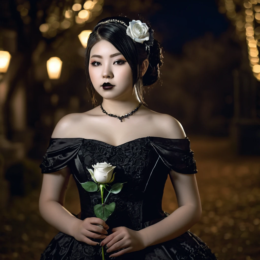 (masterpiece), (extremely intricate:1.3), (realistic), photo of a a bit chubby charming pale Japanese teen girl wearing a short black shoulderless gothic dress holding a white rose, (baroque hairstyle), plan american, spooky graveyard at night, professional photograph of a stunning teen girl detailed, sharp focus, dramatic, award winning, cinematic lighting, volumetrics dtx, (film grain, blurry background, blurry foreground, bokeh, depth of field, night, motion blur:1.3), 4k, 8k, hd, hdr