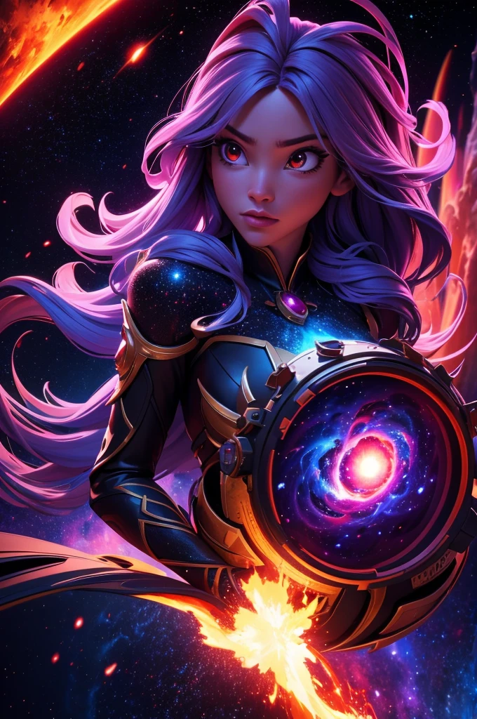 A spectacularly igniting supernova shines brightly amidst the darkness of space, captivatingly watched by an enigmatic woman. The explosion of colors and light creates a mesmerizing display in the image, which is most likely a breathtaking digital artwork. The vivid explosion painted in vivid shades of crimson, gold, and electric blue, beautifully contrasts against the woman's shadowed figure, adding a sense of mystery and wonder to the scene. The clarity and detail in this visually stunning composition bring the celestial event to life, leaving viewers in awe of its beauty and power.