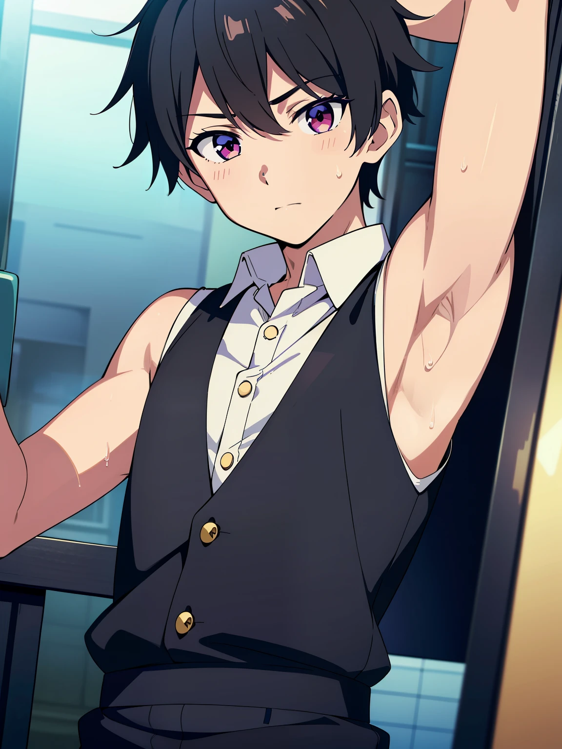 Highres, Masterpiece, Best quality at best,Best Quality,hight quality, hight detailed, Anime style, 1boy, Shota, Tie, Sleeveless vest, cafe, Seen from the front, look at viewer, (very young boy), (very small and short body), 12-year-old boys, Such a cute smooth armpit, The boy is very tempting, Cute armpit, sexy armpit, beautiful armpits, seductive armpits, a Boy cutely shows his armpit, hansome boy, Sweat, Uhd, 4k wallpaper