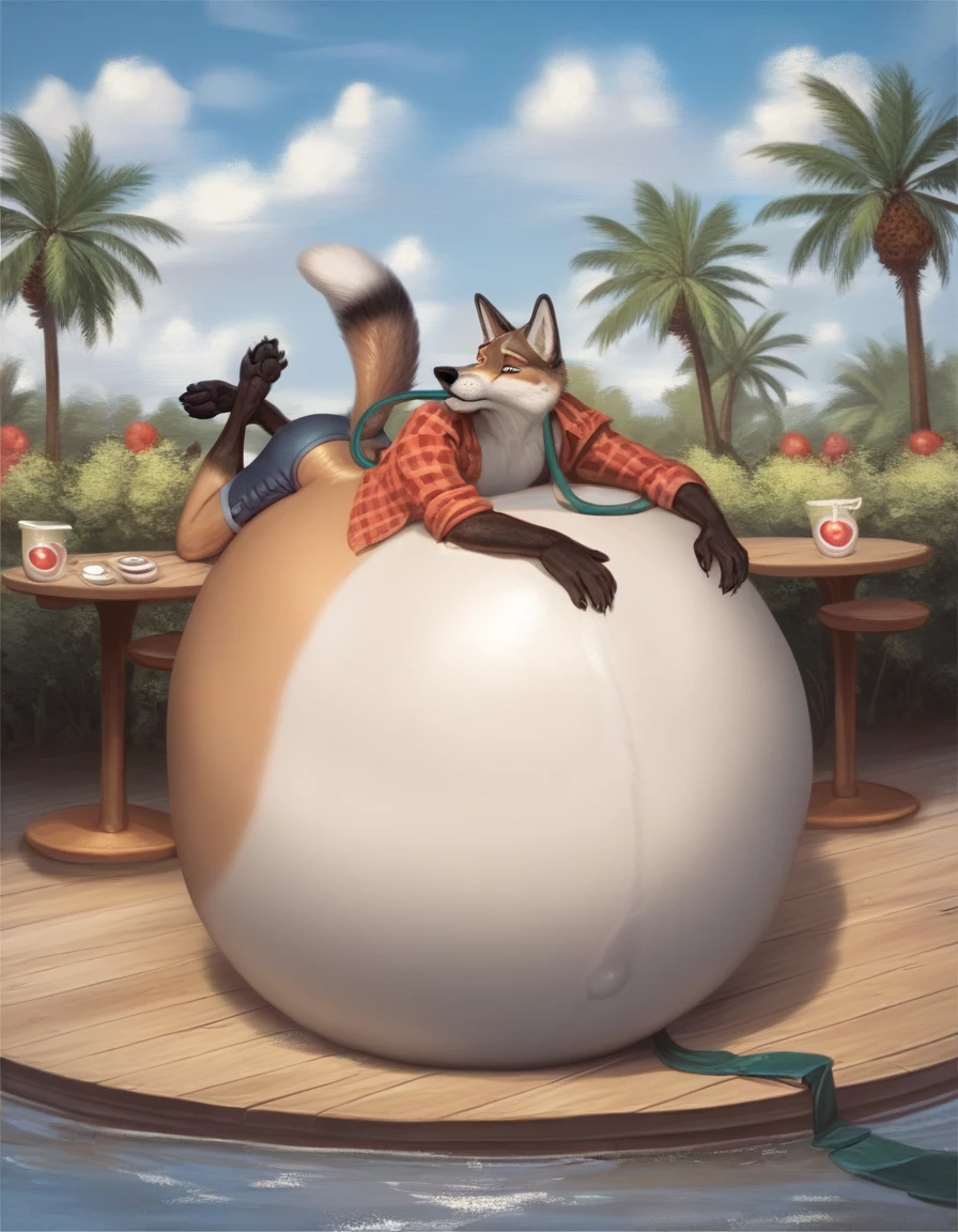 score_9, score_8_up, score_7_up, score_6_up, score_5_up, score_4_up, outdoor cafe, detailed background, coyote, anthro, male, canid, canine, clothed, hose in mouth, water inflation, blimpbelly, on front, photorealistic, arched back, by taranima , heavy, sitting on floor