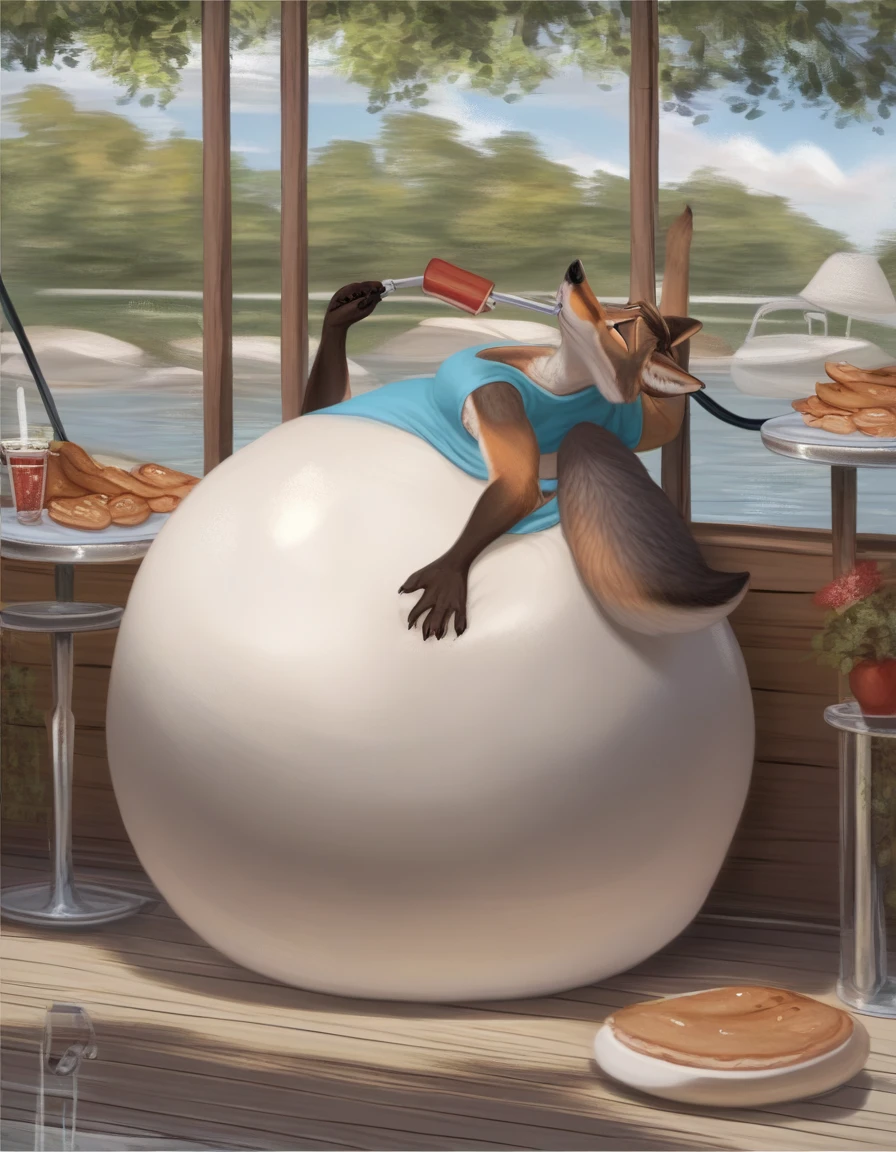 score_9, score_8_up, score_7_up, score_6_up, score_5_up, score_4_up, outdoor cafe, detailed background, coyote, anthro, male, canid, canine, clothed, hose in mouth, water inflation, blimpbelly, on front, photorealistic, arched back, by taranima , heavy, sitting on floor