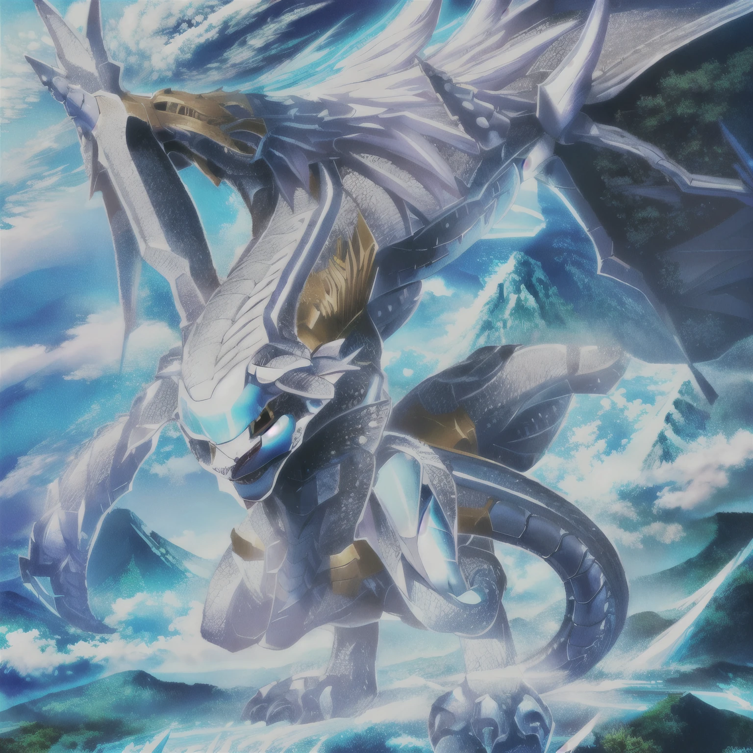 There is a Dragon that is flying over a mountain, colossal dragon as background., blue eyes white dragon, Dragon legendario, Colossal dragon in the background., Dragon de Cristal, human fusion and dragon., storm dragon, dios de los dragones, epic dragon, Slifer the Sky Dragon, Mr. Drachen, Dra the Dragon, Frost Dragon, soft draconic traits, armadura reflejada color hielo plateado