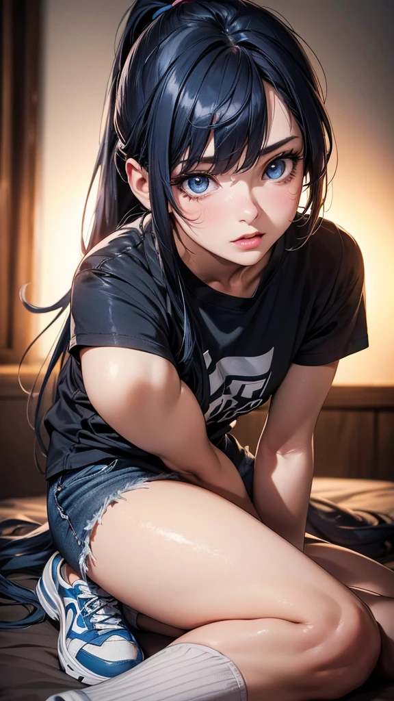 (best quality,4k,8k,highres,masterpiece:1.2),ultra-detailed,(realistic,photorealistic,photo-realistic:1.37),HDR,UHD,studio lighting,ultra-fine painting,sharp focus,physically-based rendering,extreme detail description,professional,vivid colors,bokeh,portraits,anime,photography,pink tones,warm lighting 1girl, solo, detailed eyes, detailed lips, extremely detailed eyes and face, long eyelashes, long dark blue hair in a ponytail with side bangs, small , in an oversized anime T-shirt, blue booty shorts, long socks, sneakers