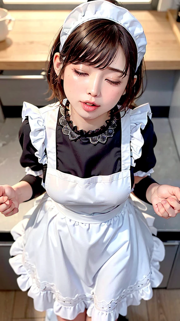 (8K photo quality、Ultra high definition、masterpiece, highest quality),1 girl, -yeld gisolo, ((whole body))、(((Naked Apron)))、Mini apron、(((White ruffled maid apron)))、((The apron is made of lace fabric))、kitchen、(((Close your eyes, look up a little, and make a kissing face.)))、Kiss welcomes photographers with open arms、